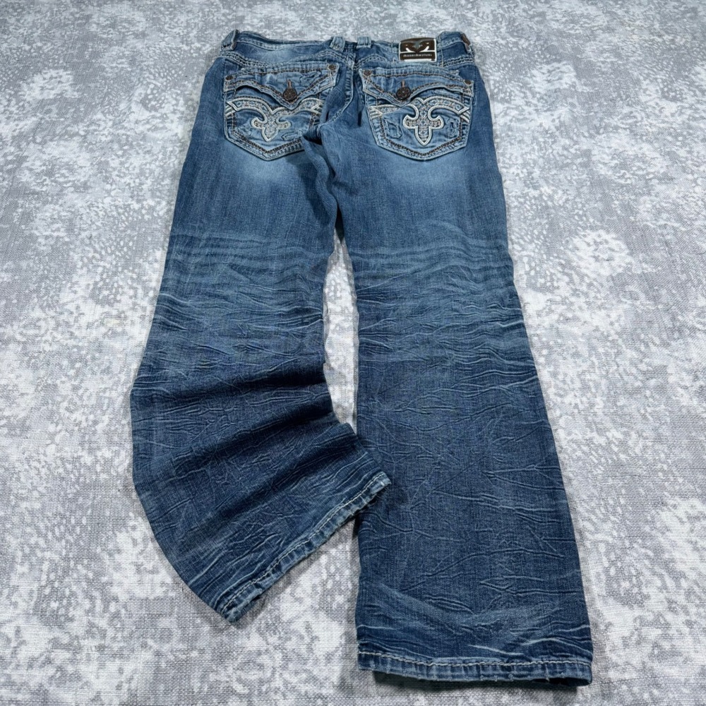 Rock Revival Sami Slim Boot Jeans Men 33 Blue Distressed Y2K Baggy Grunge Skater
